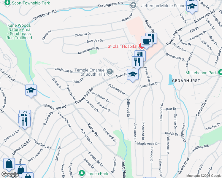 map of restaurants, bars, coffee shops, grocery stores, and more near 1314 Sylvandell Drive in Pittsburgh