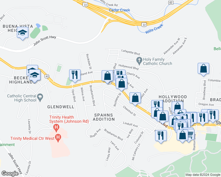 map of restaurants, bars, coffee shops, grocery stores, and more near 2618 Sunset Boulevard in Steubenville