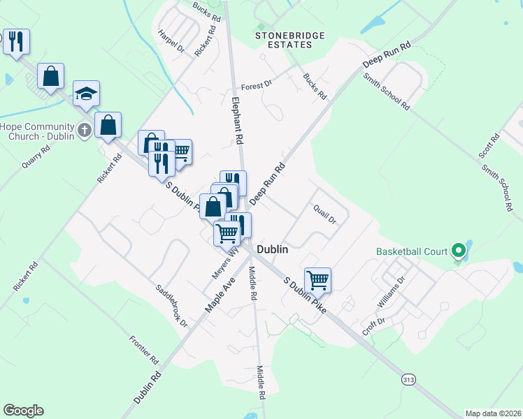 map of restaurants, bars, coffee shops, grocery stores, and more near 103 Deep Run Road in Dublin