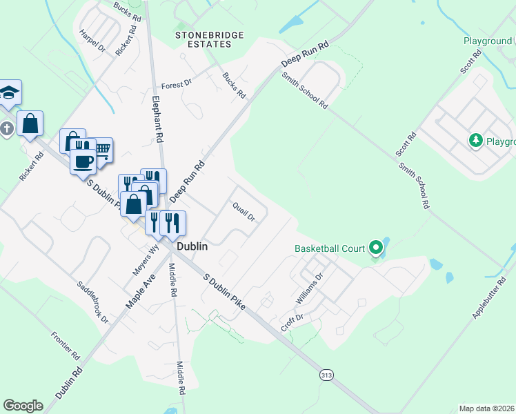 map of restaurants, bars, coffee shops, grocery stores, and more near 130 Olde Pilgrim Road in Dublin