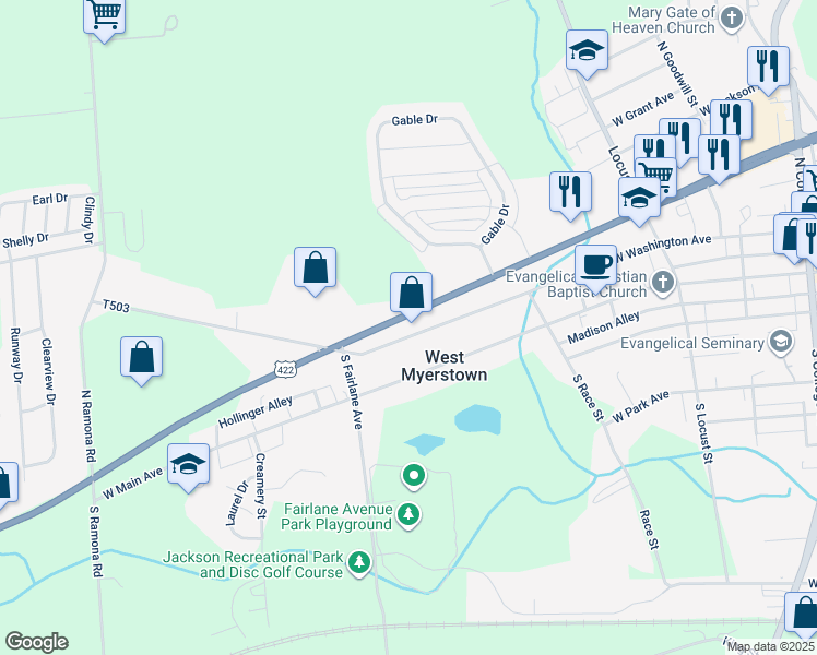 map of restaurants, bars, coffee shops, grocery stores, and more near 470 West Lincoln Avenue in Myerstown