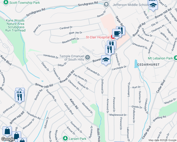 map of restaurants, bars, coffee shops, grocery stores, and more near 1314 Sylvandell Drive in Pittsburgh