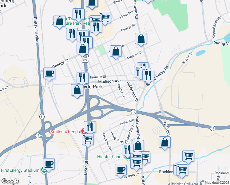 map of restaurants, bars, coffee shops, grocery stores, and more near 120R Mayberry Avenue in Reading