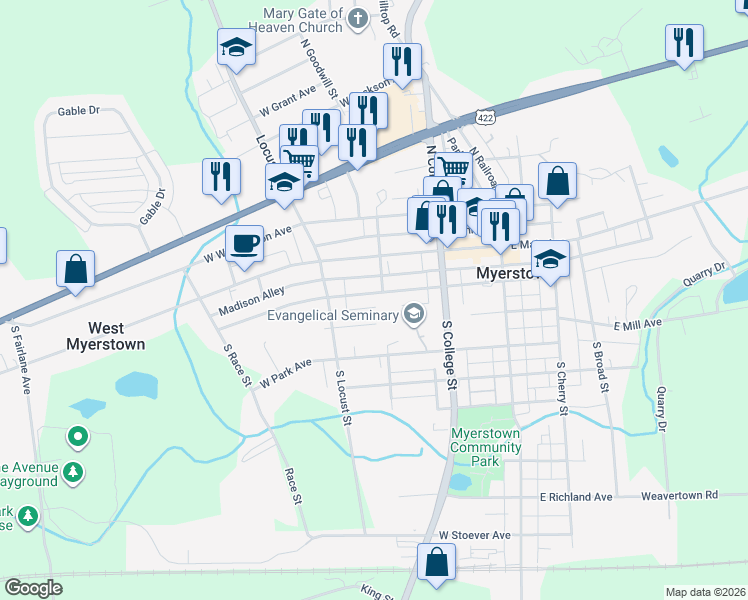 map of restaurants, bars, coffee shops, grocery stores, and more near 219 West Carpenter Avenue in Myerstown