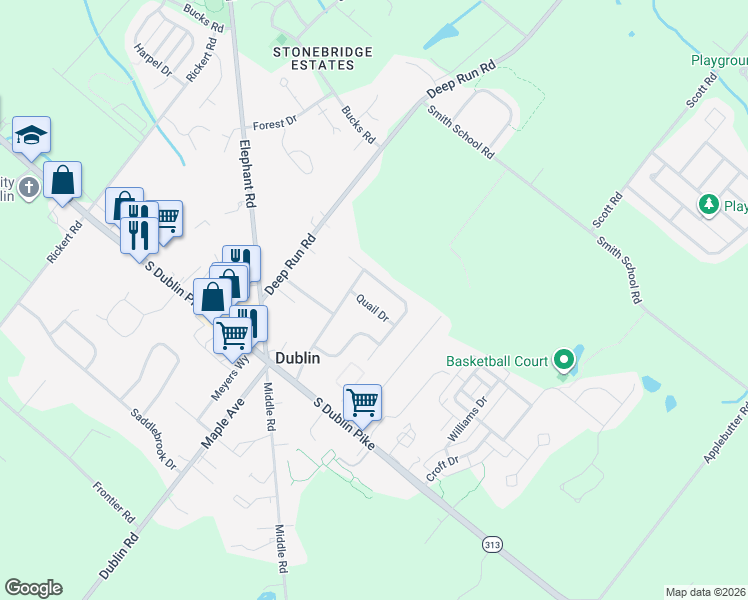 map of restaurants, bars, coffee shops, grocery stores, and more near 130 Olde Pilgrim Road in Dublin