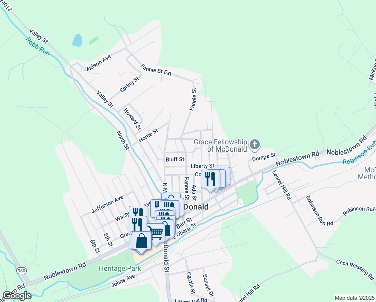 map of restaurants, bars, coffee shops, grocery stores, and more near 340 Fannie Street in McDonald