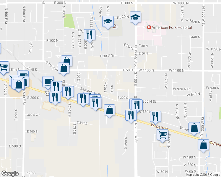 map of restaurants, bars, coffee shops, grocery stores, and more near 152 South 930 East in American Fork