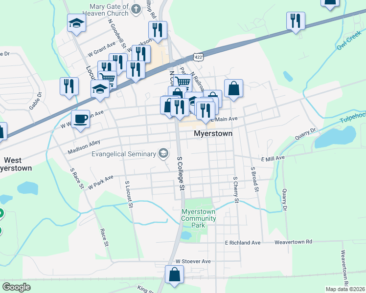 map of restaurants, bars, coffee shops, grocery stores, and more near 26 West Carpenter Avenue in Myerstown