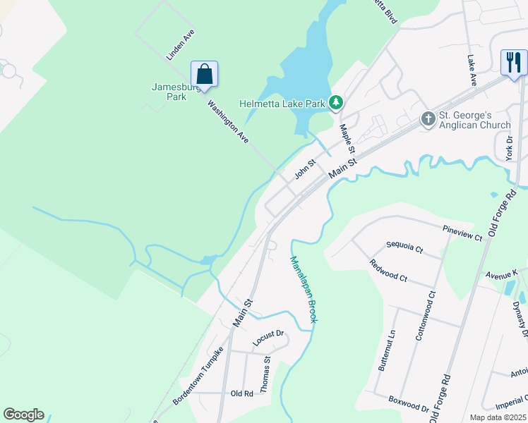 map of restaurants, bars, coffee shops, grocery stores, and more near 1 John Place in Helmetta