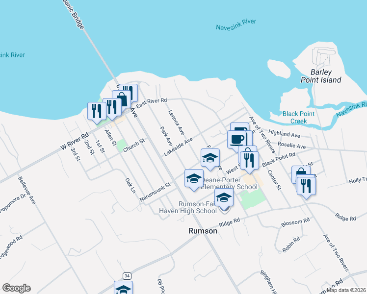 map of restaurants, bars, coffee shops, grocery stores, and more near 44 Lennox Avenue in Rumson