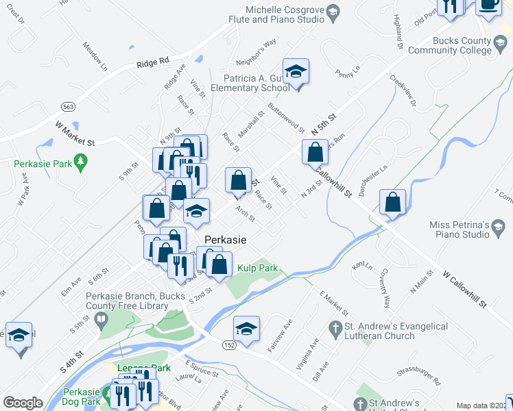 map of restaurants, bars, coffee shops, grocery stores, and more near 400 Race Street in Perkasie