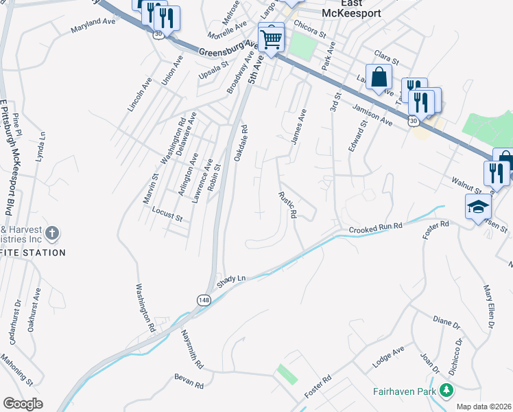 map of restaurants, bars, coffee shops, grocery stores, and more near 341 James Street in North Versailles