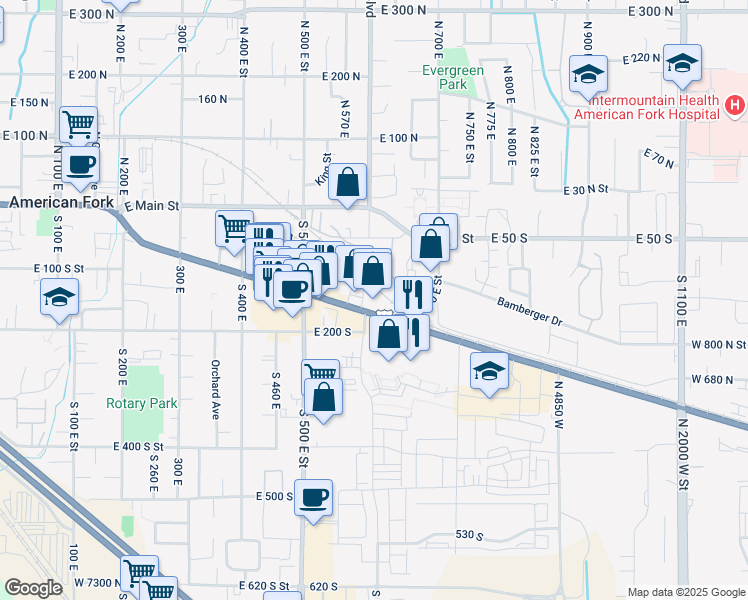 map of restaurants, bars, coffee shops, grocery stores, and more near 585 East State Street in American Fork