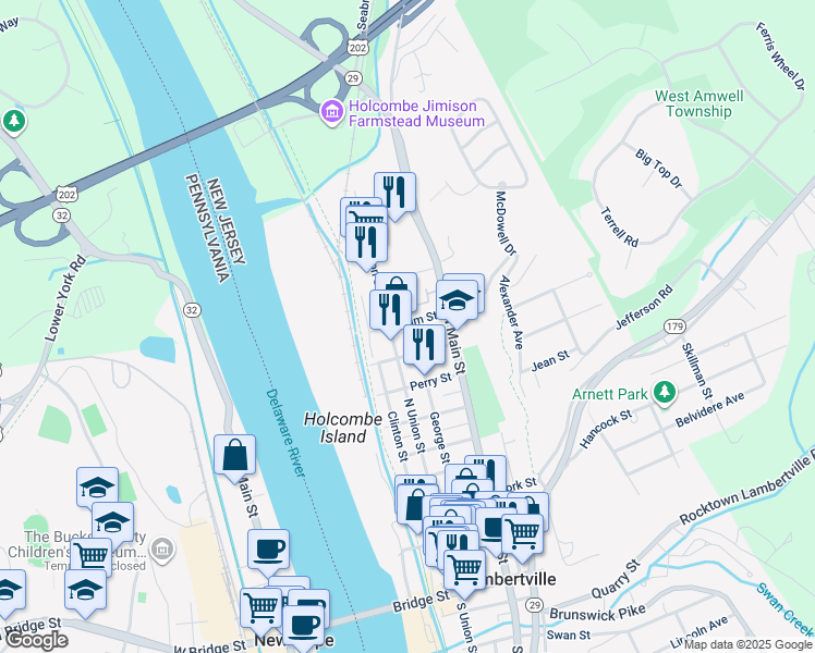 map of restaurants, bars, coffee shops, grocery stores, and more near 204 North Union Street in Lambertville
