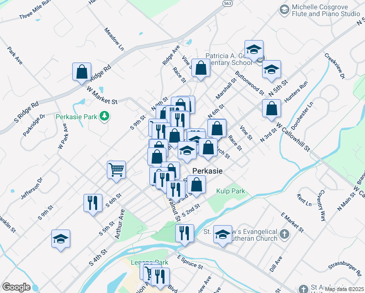 map of restaurants, bars, coffee shops, grocery stores, and more near 538 West Market Street in Perkasie