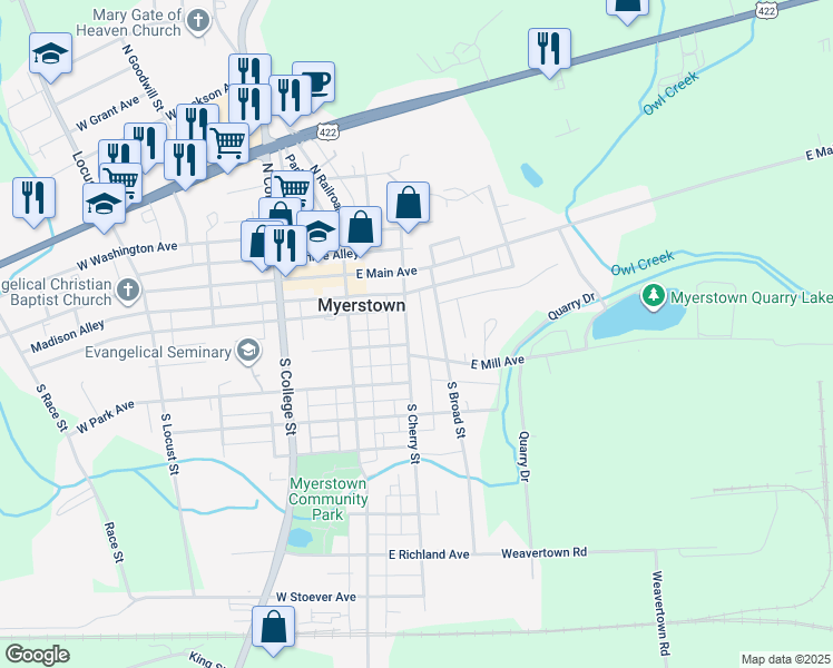 map of restaurants, bars, coffee shops, grocery stores, and more near 108 South Cherry Street in Myerstown