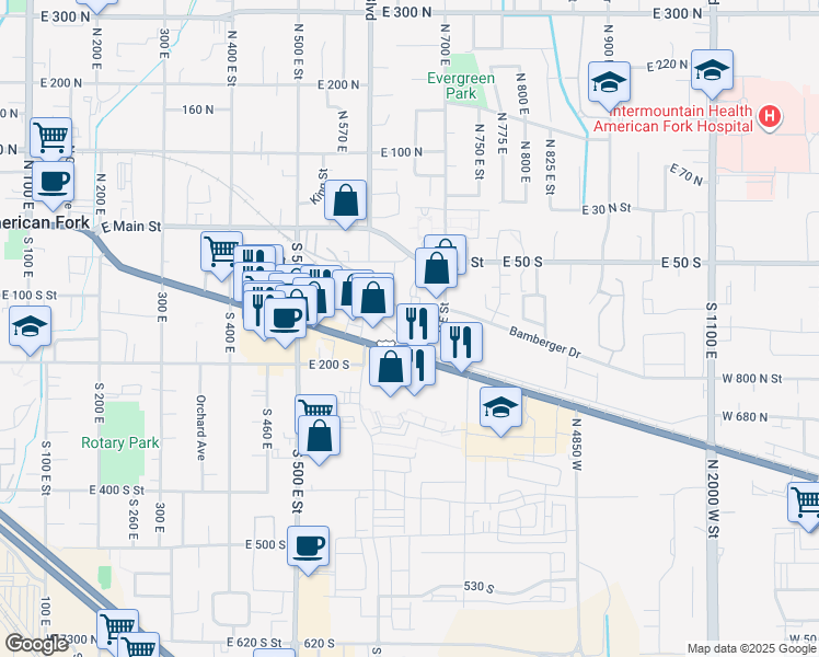 map of restaurants, bars, coffee shops, grocery stores, and more near 686 East 110 South in American Fork