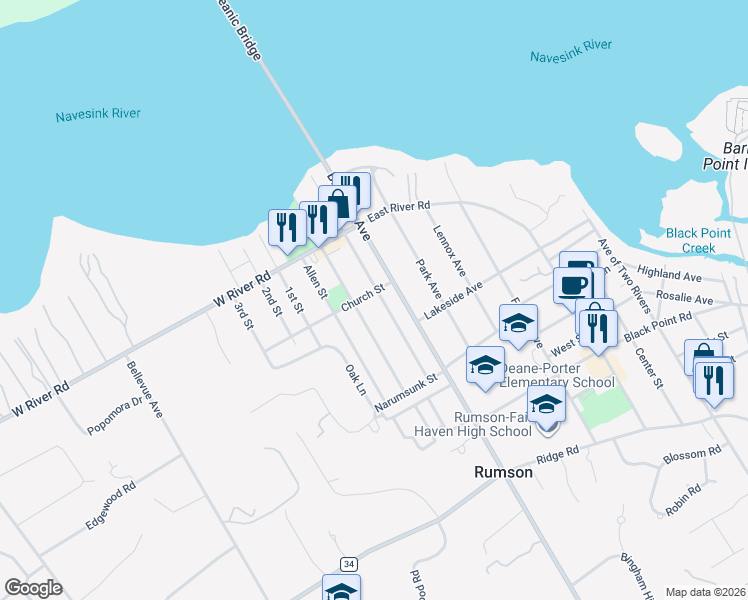 map of restaurants, bars, coffee shops, grocery stores, and more near 45 Lafayette Street in Rumson