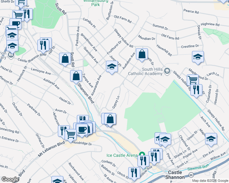 map of restaurants, bars, coffee shops, grocery stores, and more near 690 Crystal Drive in Pittsburgh