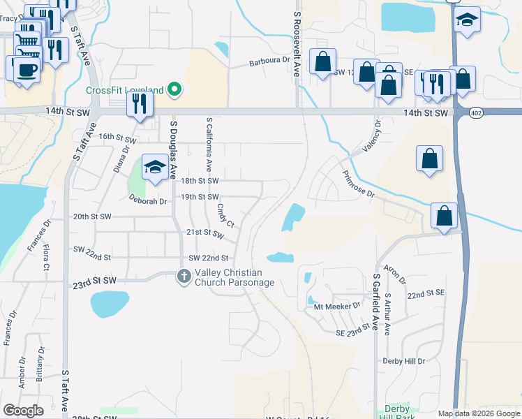 map of restaurants, bars, coffee shops, grocery stores, and more near 606 Cora Place in Loveland