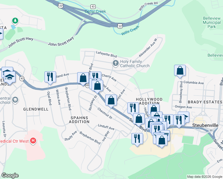 map of restaurants, bars, coffee shops, grocery stores, and more near 2535 Cleveland Avenue in Steubenville