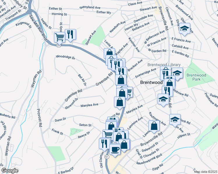 map of restaurants, bars, coffee shops, grocery stores, and more near 3352 Jameson Drive in Brentwood