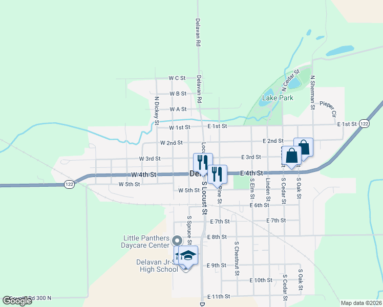 map of restaurants, bars, coffee shops, grocery stores, and more near 201-299 South Spruce Street in Delavan