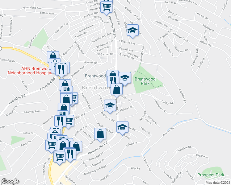 map of restaurants, bars, coffee shops, grocery stores, and more near 3608 Brownsville Road in Pittsburgh