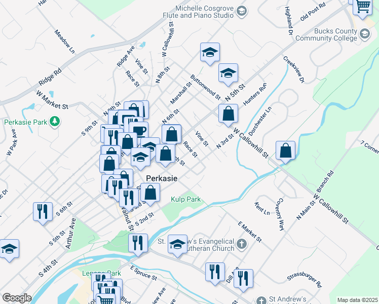 map of restaurants, bars, coffee shops, grocery stores, and more near 400 Race Street in Perkasie