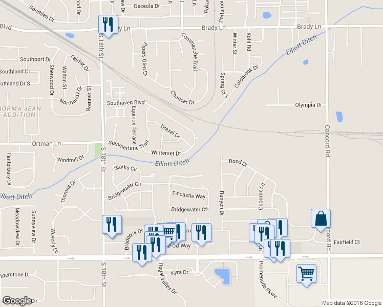 map of restaurants, bars, coffee shops, grocery stores, and more near 2341 Winterset Drive in Lafayette