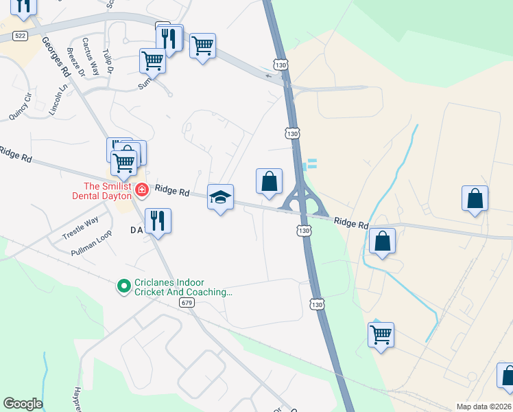 map of restaurants, bars, coffee shops, grocery stores, and more near 340 Ridge Road in South Brunswick Township