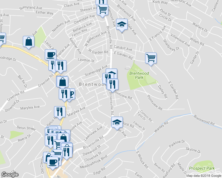 map of restaurants, bars, coffee shops, grocery stores, and more near 3609 Brownsville Rd in Brentwood