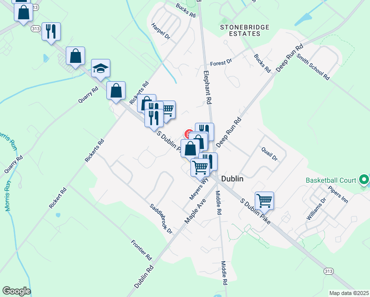 map of restaurants, bars, coffee shops, grocery stores, and more near 139 North Main Street in Dublin