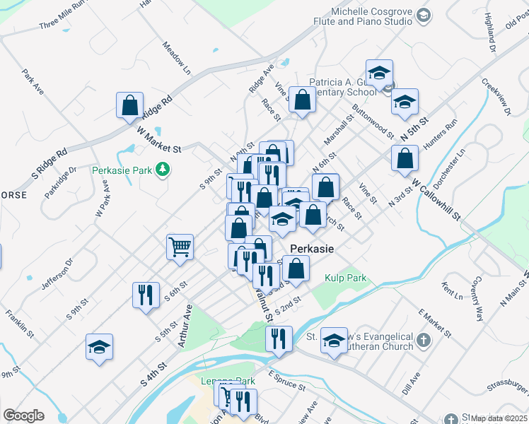 map of restaurants, bars, coffee shops, grocery stores, and more near 538 West Market Street in Perkasie