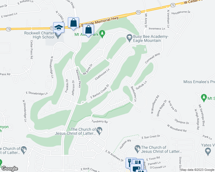 map of restaurants, bars, coffee shops, grocery stores, and more near 3872 East Barton Creek Drive in Eagle Mountain