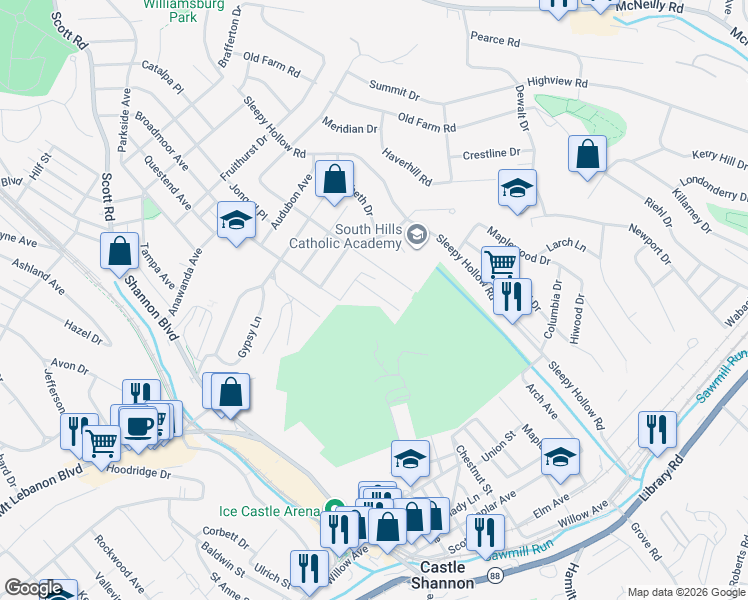 map of restaurants, bars, coffee shops, grocery stores, and more near 535 Westover Road in Pittsburgh