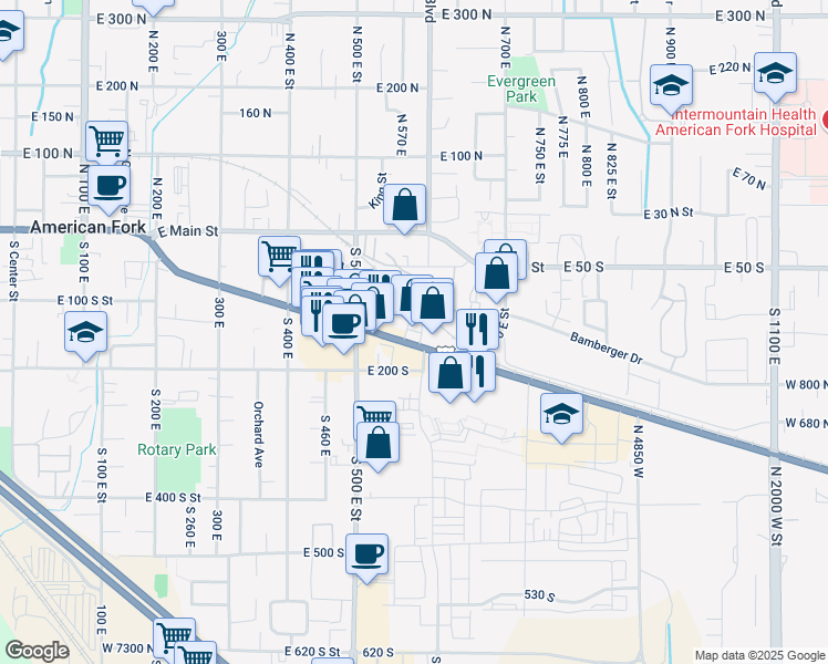 map of restaurants, bars, coffee shops, grocery stores, and more near 585 East State Street in American Fork