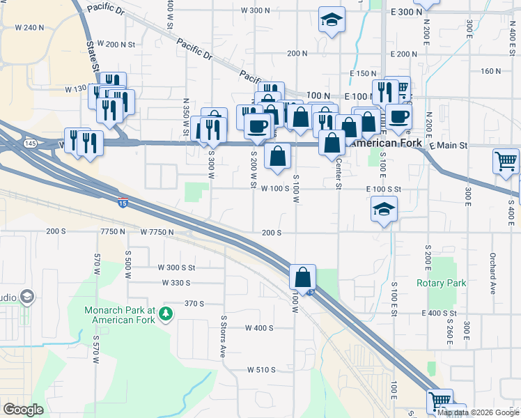 map of restaurants, bars, coffee shops, grocery stores, and more near 144 South 200 West Street in American Fork
