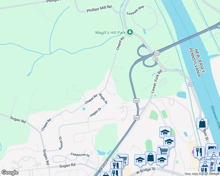 map of restaurants, bars, coffee shops, grocery stores, and more near 6774 Chapel Road in New Hope