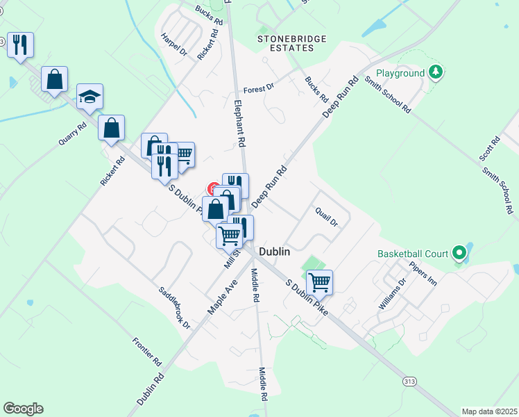 map of restaurants, bars, coffee shops, grocery stores, and more near 103 Deep Run Road in Dublin