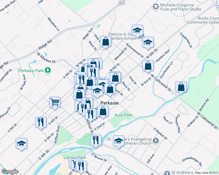 map of restaurants, bars, coffee shops, grocery stores, and more near 504 Arch Street in Perkasie