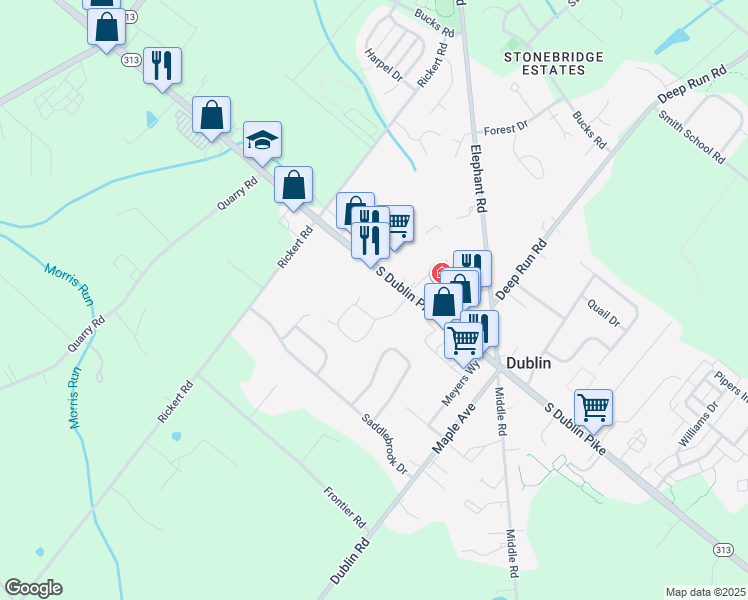 map of restaurants, bars, coffee shops, grocery stores, and more near 301 Manor Drive in Dublin