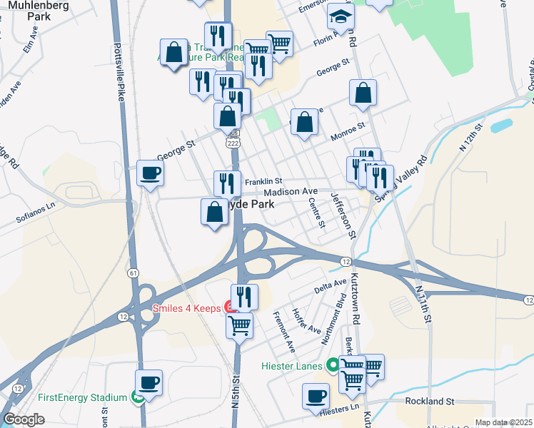 map of restaurants, bars, coffee shops, grocery stores, and more near 259 Fairview Street in Reading