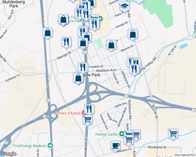 map of restaurants, bars, coffee shops, grocery stores, and more near 259 Fairview Street in Reading