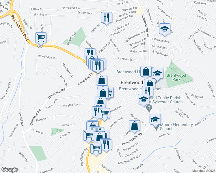 map of restaurants, bars, coffee shops, grocery stores, and more near 3406 Shadewell Avenue in Pittsburgh