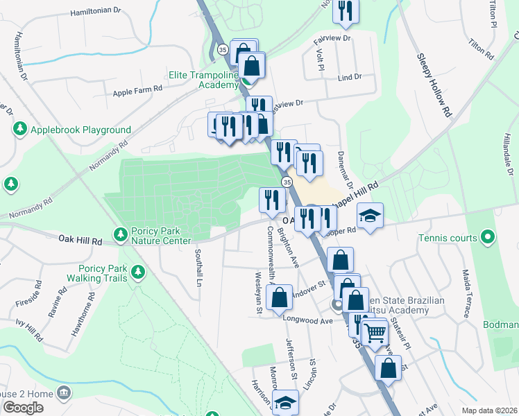 map of restaurants, bars, coffee shops, grocery stores, and more near 94 Oak Hill Road in Red Bank