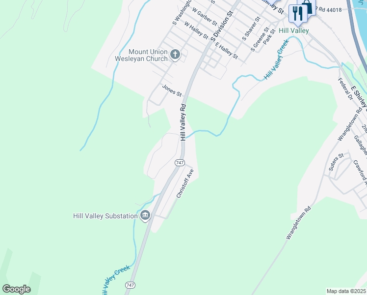 map of restaurants, bars, coffee shops, grocery stores, and more near 14679 Hill Valley Road in Mount Union