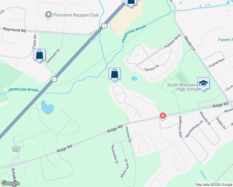 map of restaurants, bars, coffee shops, grocery stores, and more near 102 Harvest Lane in South Brunswick Township