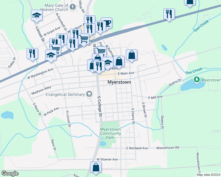 map of restaurants, bars, coffee shops, grocery stores, and more near 101 South Railroad Street in Myerstown
