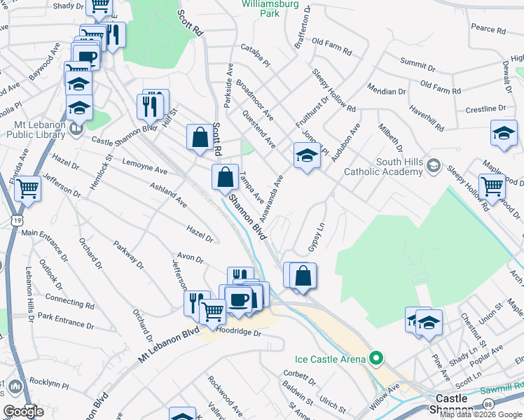 map of restaurants, bars, coffee shops, grocery stores, and more near 355 Anawanda Avenue in Mount Lebanon